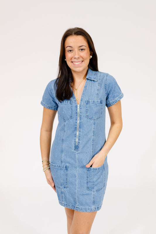 Denim Front Pocket Zip Dress