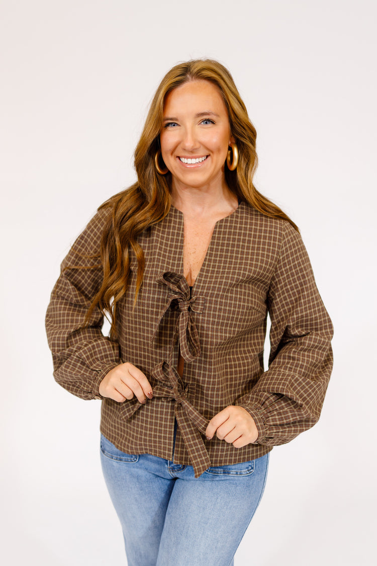Brown Plaid Front Bow Top