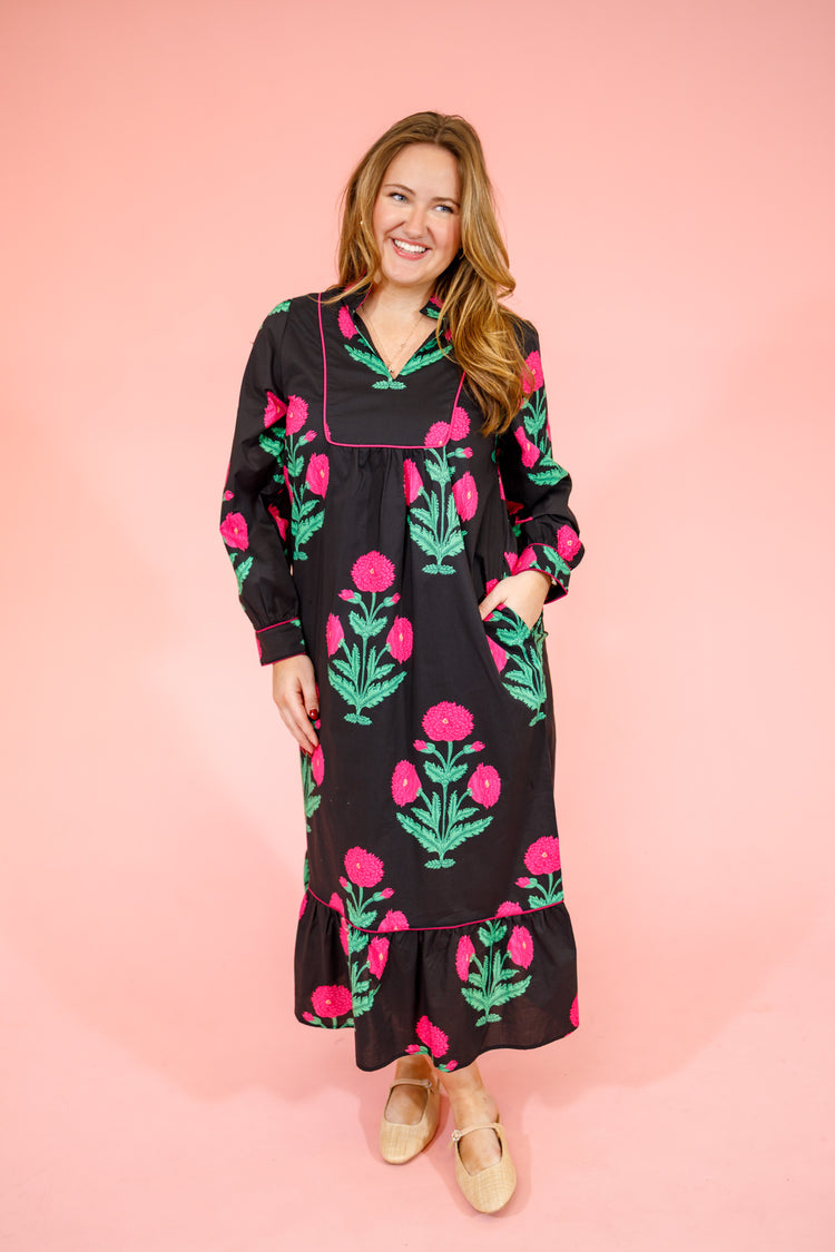 Black Floral High Neck Dress