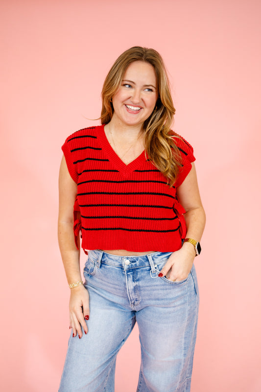 Red and Black Stripe Side Tie Crop Top
