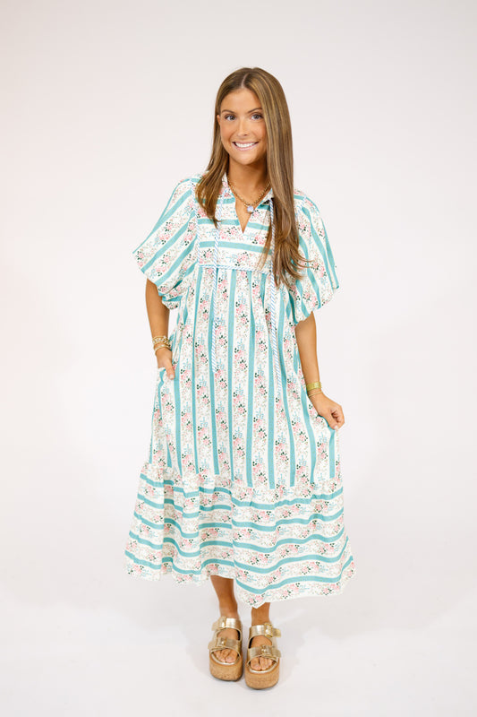 Teal Multi Floral Stripe Midi Dress