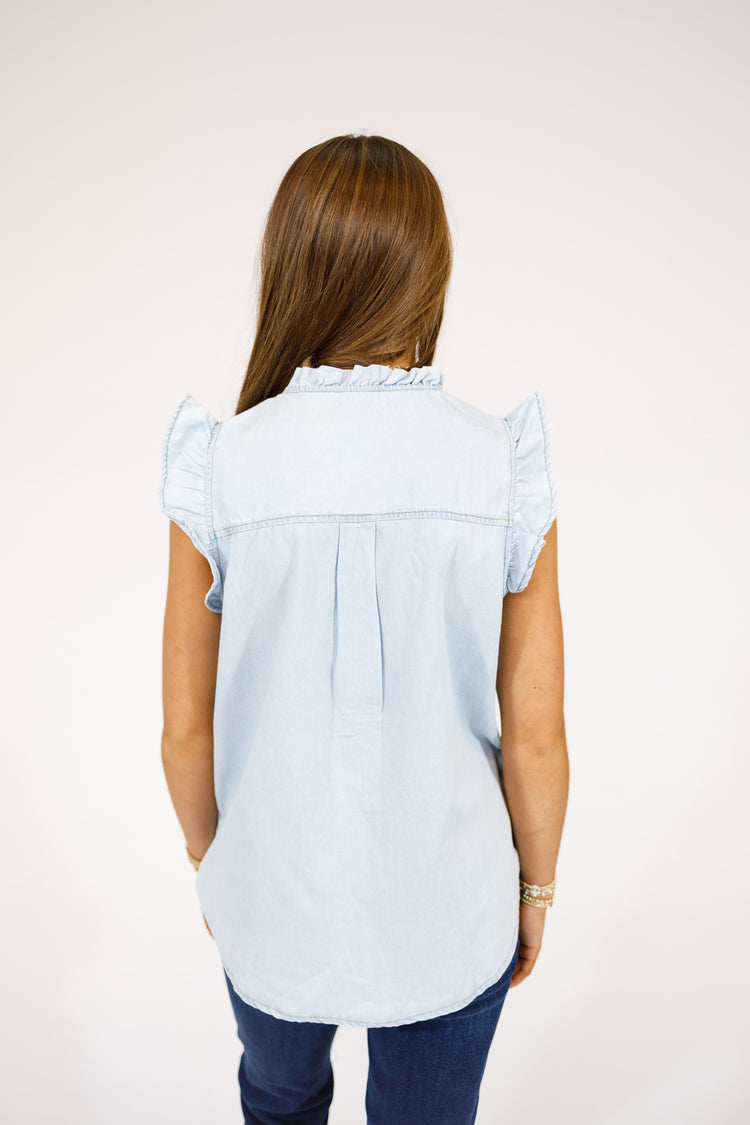 Light Blue Washed Denim Ruffle Button Top