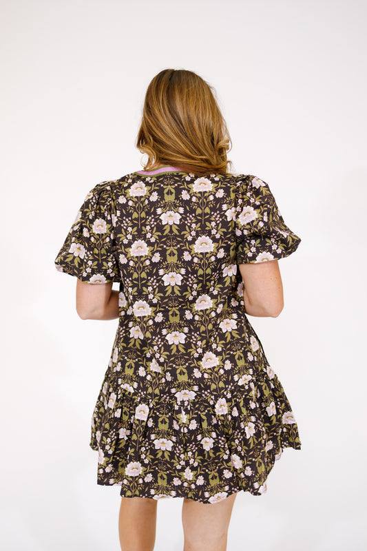 Black and Lavender Floral Tiered Mini Dress