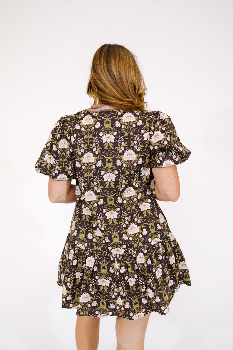 Black and Lavender Floral Tiered Mini Dress