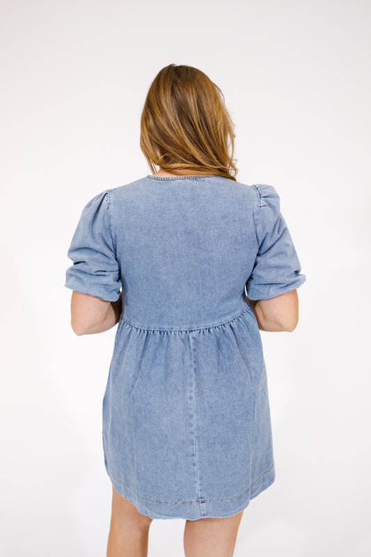 Denim Front Bow Bubble Sleeve Dress