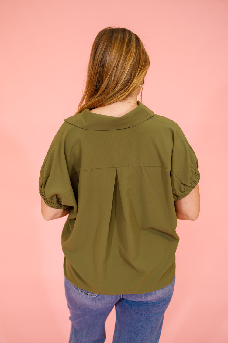 Olive Deep Neck Collar Top, S-2XL