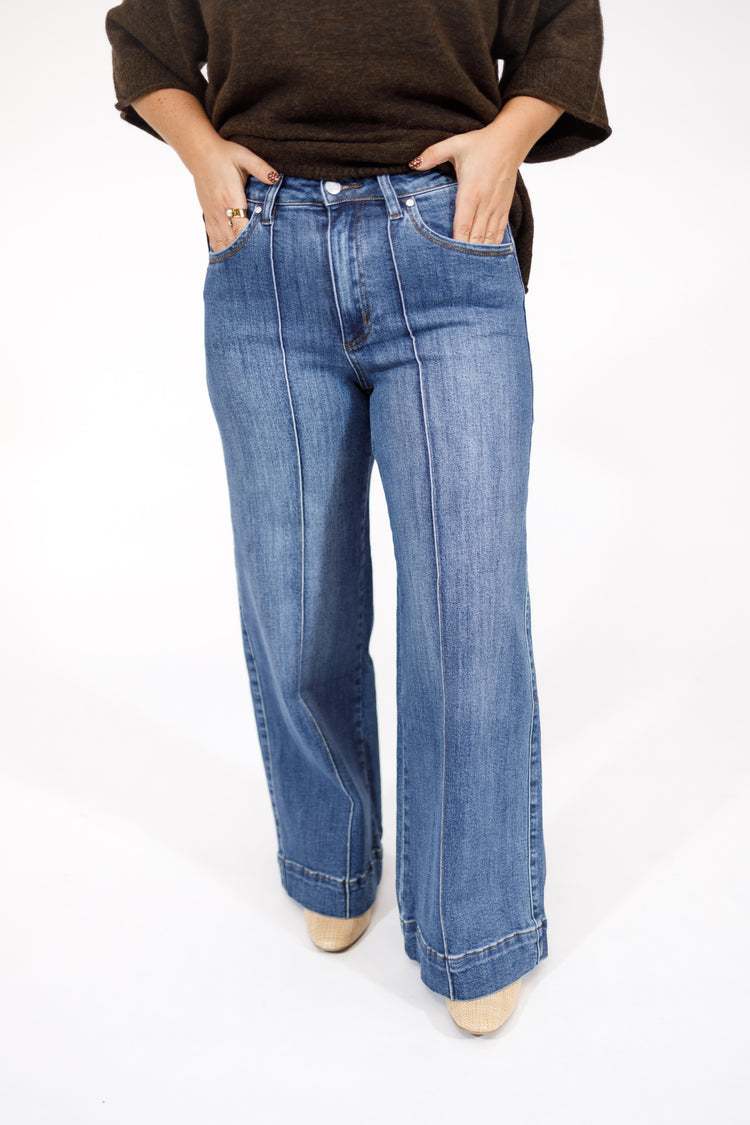 Medium Denim Pin Tuck Wide Leg Jeans