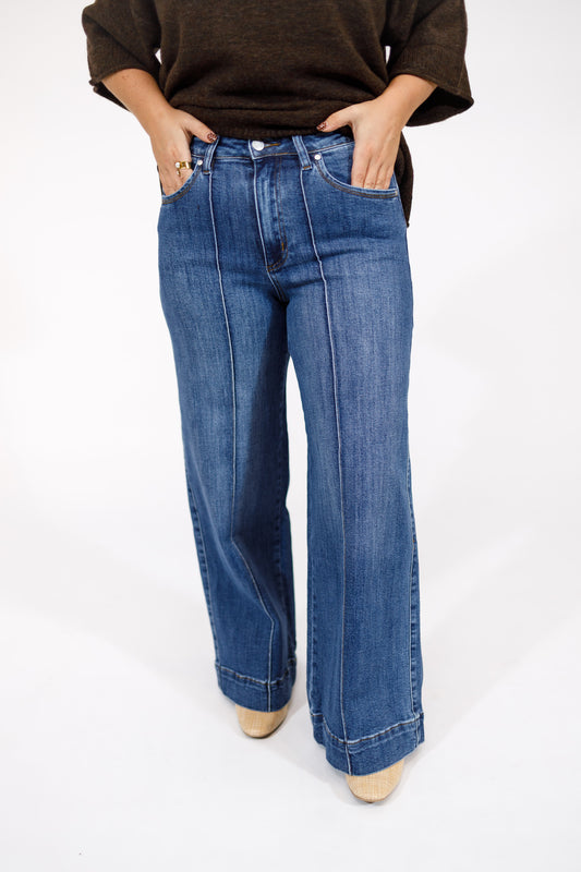 Dark Denim Pin Tuck Wide Leg Jeans
