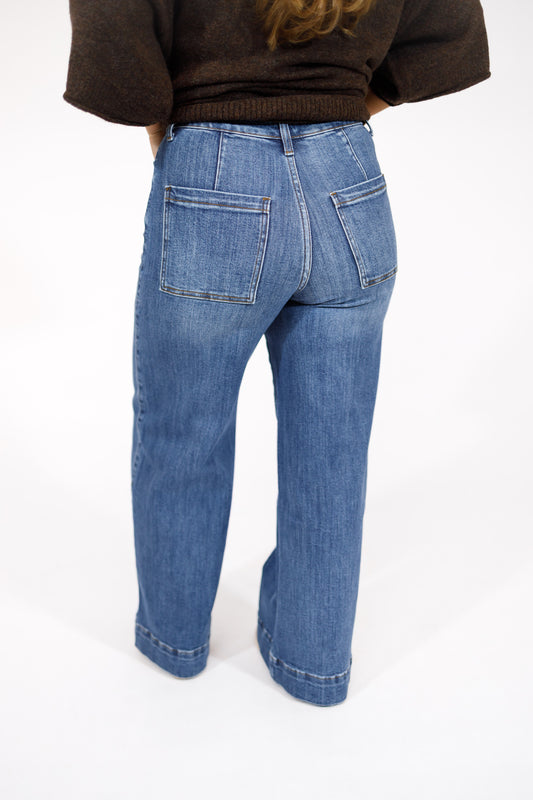 Medium Denim Pin Tuck Wide Leg Jeans
