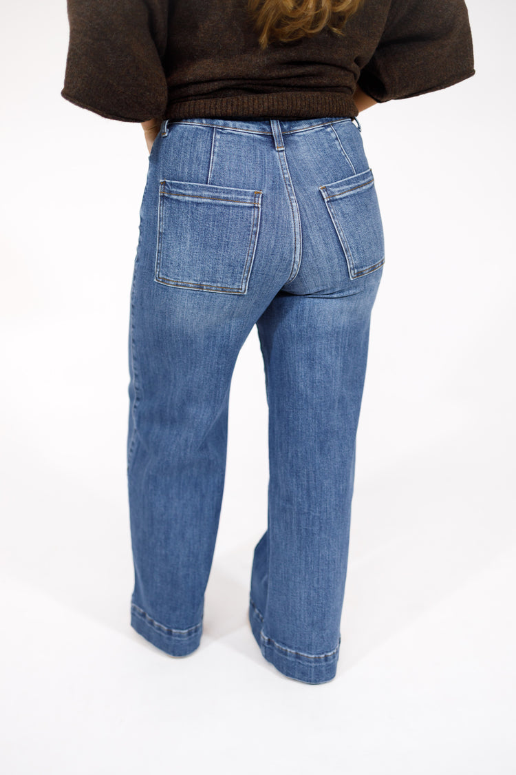 Medium Denim Pin Tuck Wide Leg Jeans