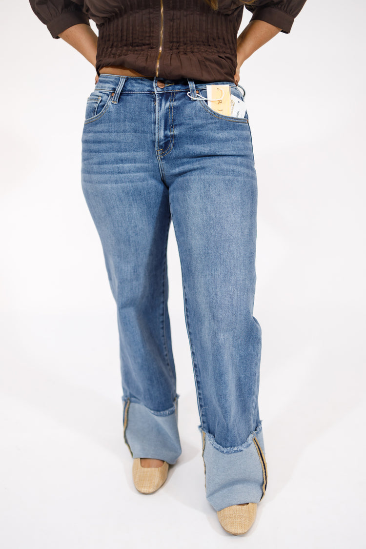 Risen Medium Wash Wide Cuffed Jeans, REG + CURVY