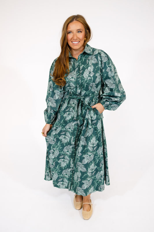 Hunter Green Leaf Print Midi Dress