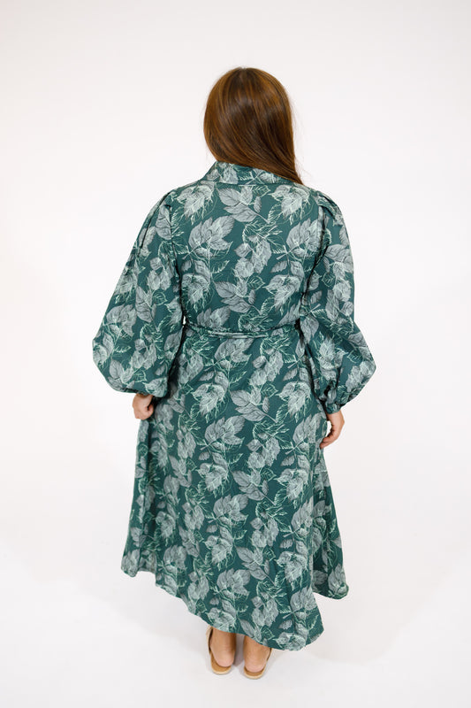 Hunter Green Leaf Print Midi Dress