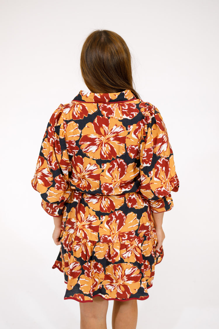 Wine Floral Print Button Dress