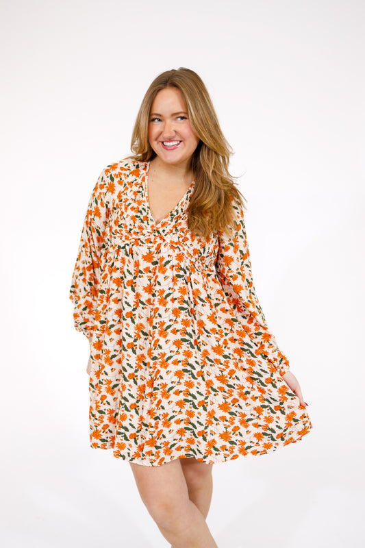 Beige Floral Smock Dress