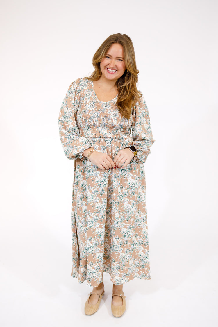 Khaki Smock Floral Maxi Dress