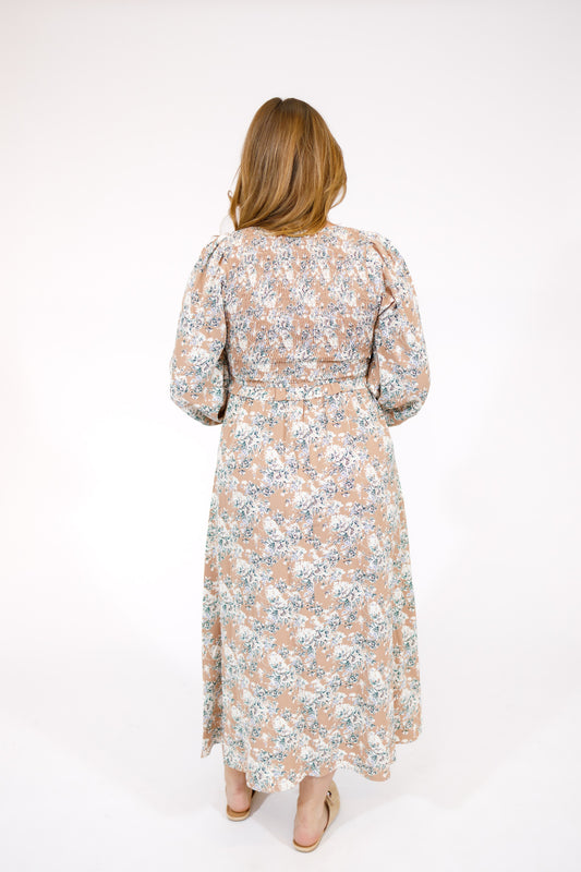 Khaki Smock Floral Maxi Dress