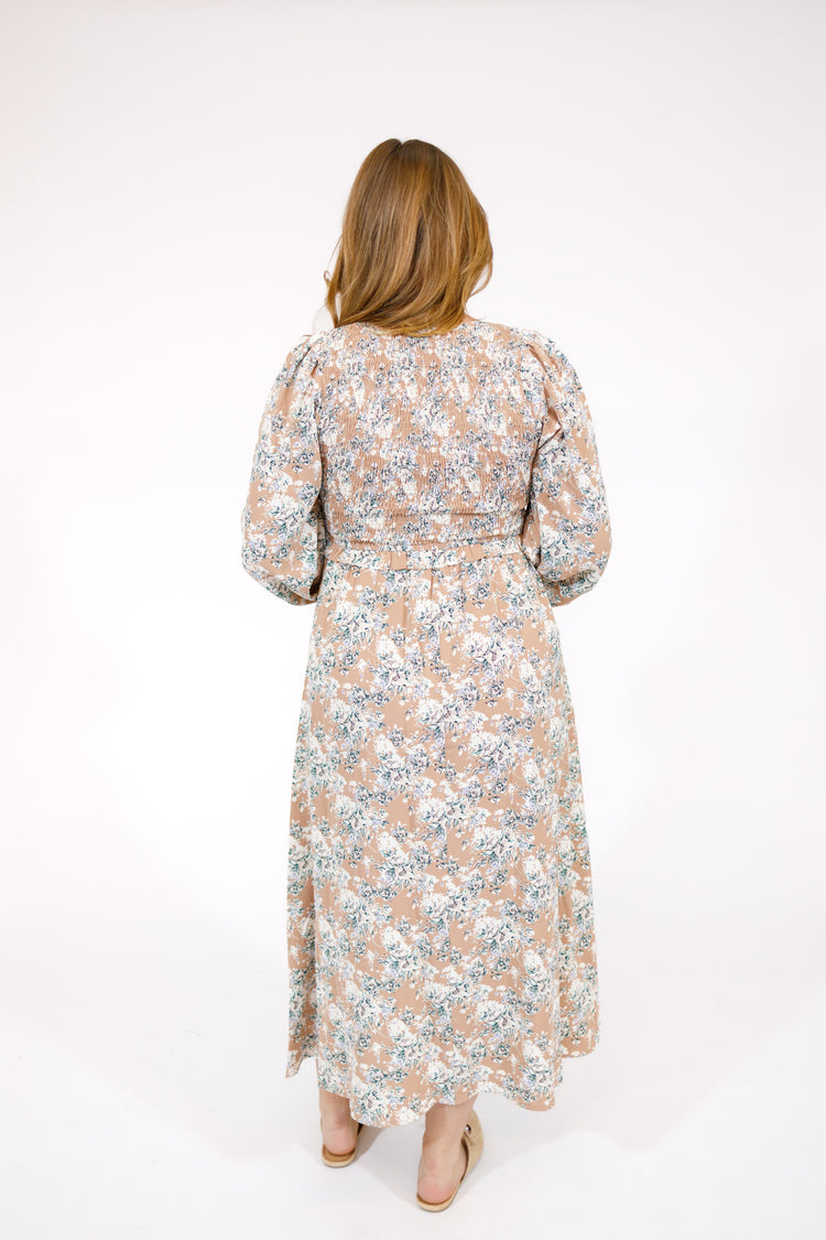 Khaki Smock Floral Maxi Dress