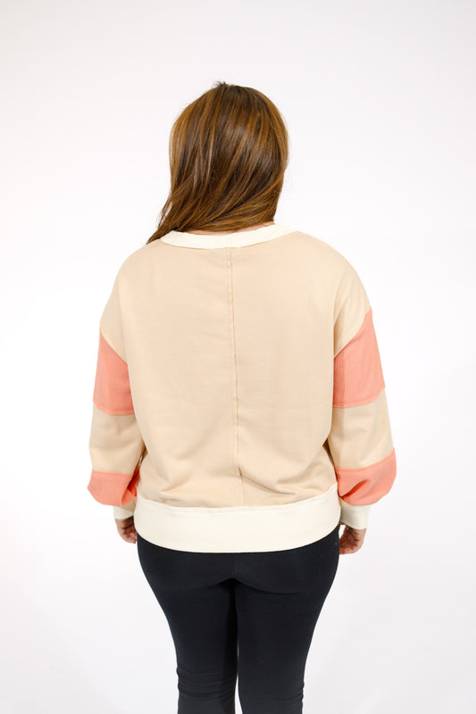 Beige and Coral Color Block Sweatshirt