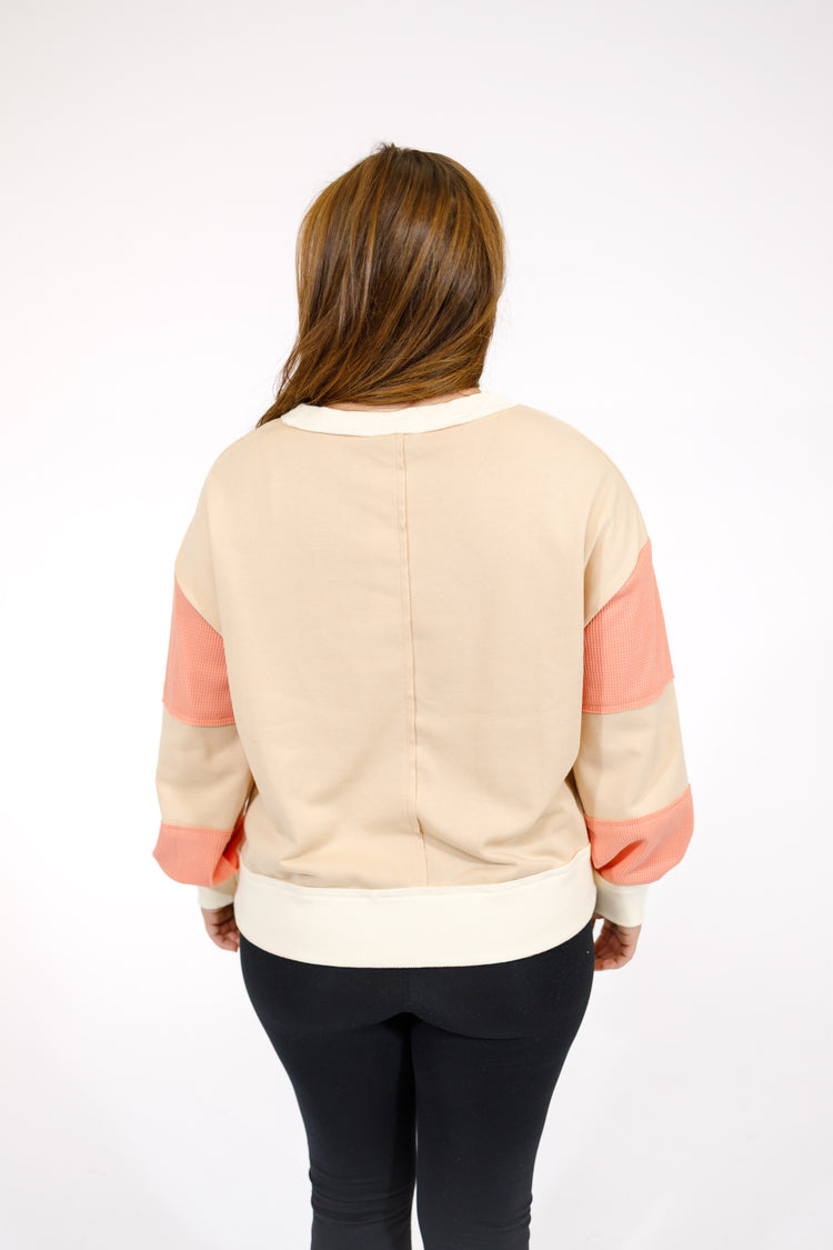 Beige and Coral Color Block Sweatshirt