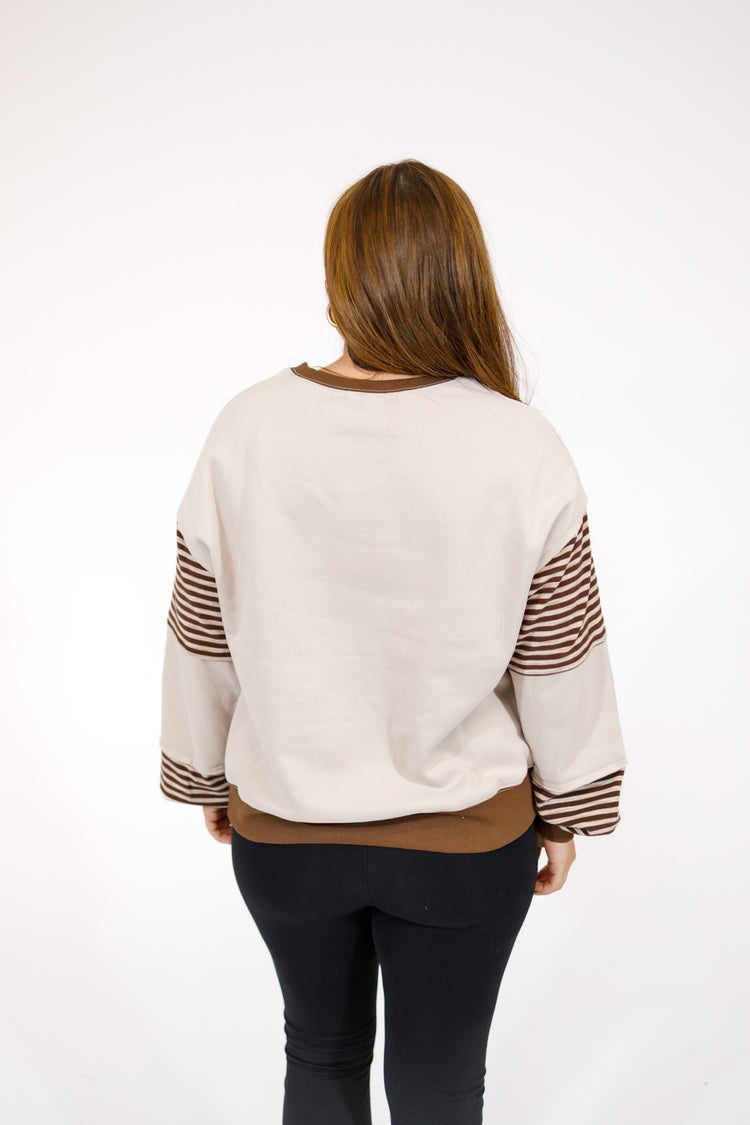 Brown Stripe Sleeve Color Block Sweatshirt