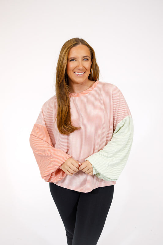 Pink Multi Ribbed Color Block Top