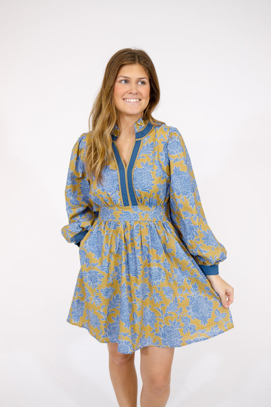 Blue Floral Ruffle Neck Dress