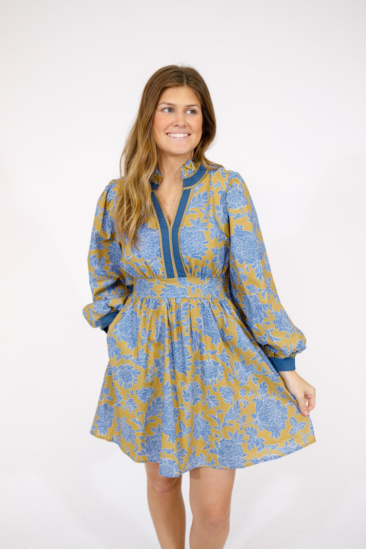 Blue Floral Ruffle Neck Dress