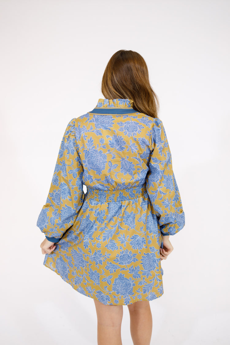 Blue Floral Ruffle Neck Dress