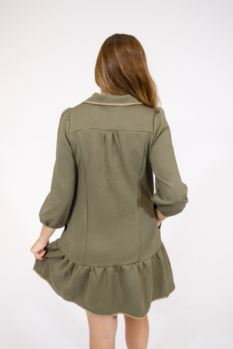 Green Quarter Zip Textured Mini Dress