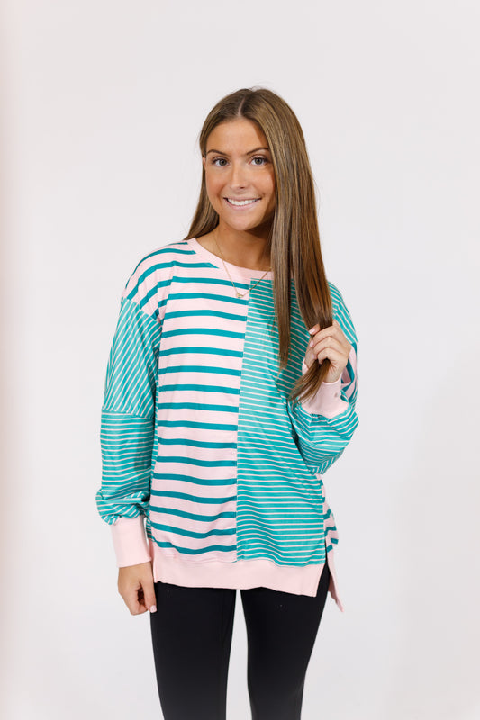 Green and Pink Striped Color Block Top