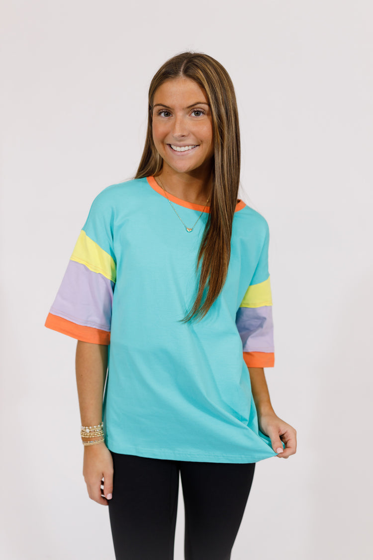 Blue Color Block Sleeve Top
