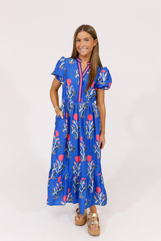 Blue and Pink Floral Midi Dress