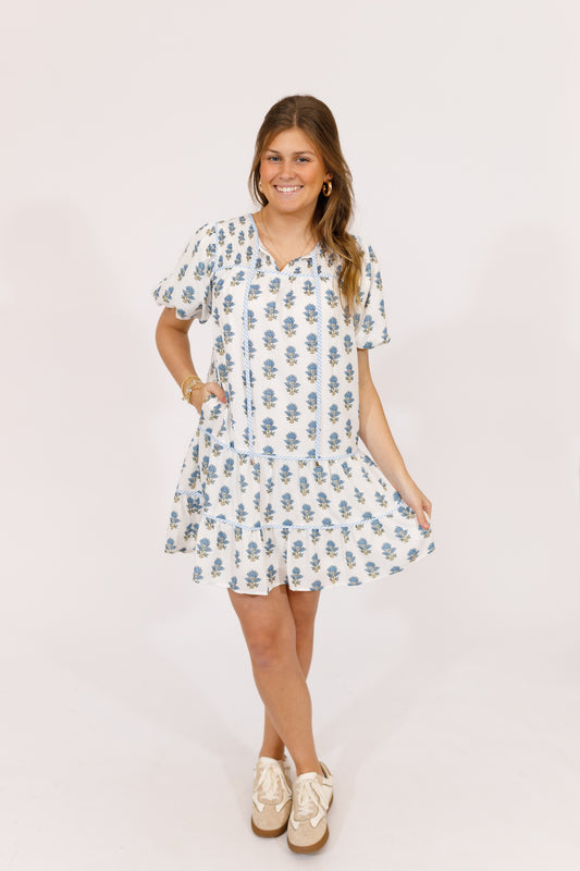 Blue and White Floral Puff Sleeve Dress