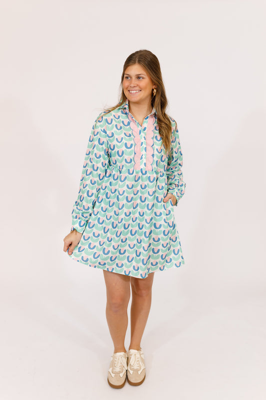 Green Multi Floral Scallop Dress