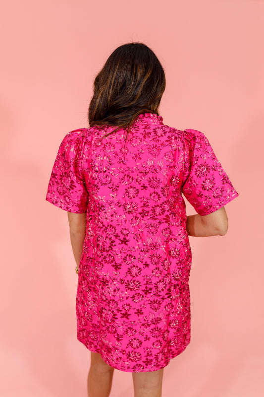 Pink Jaquard Split Neck Dress