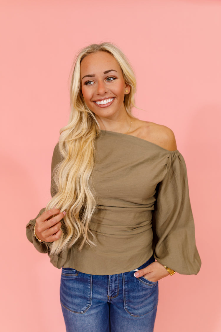 Olive One Shoulder Balloon Sleeve Top