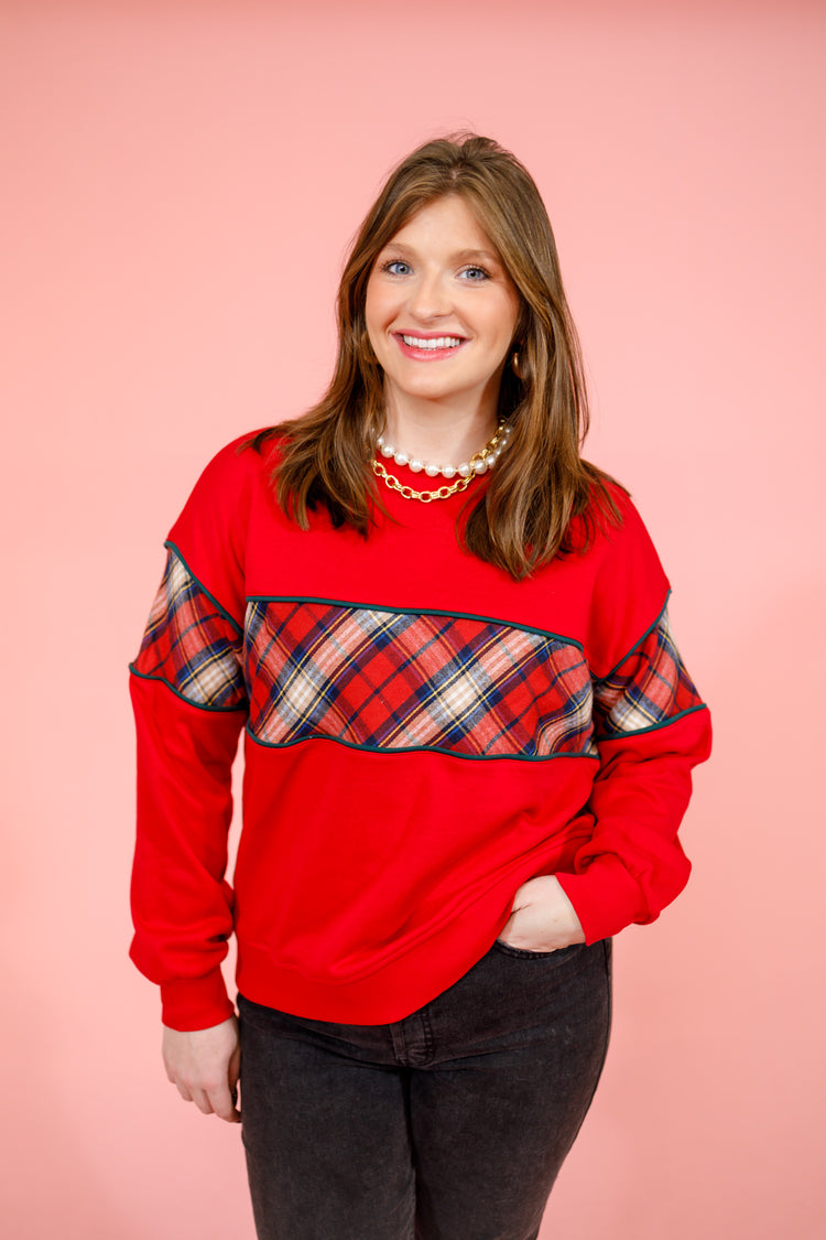 Red and Plaid Color Block Sweater