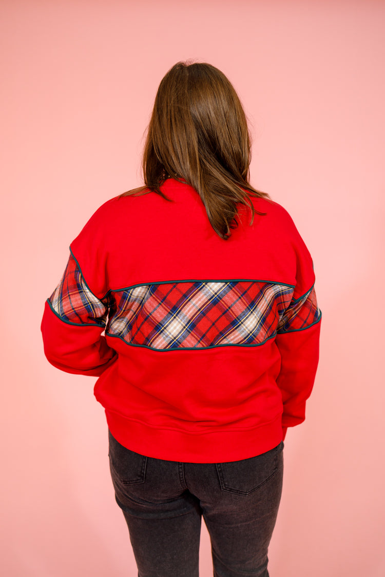 Red and Plaid Color Block Sweater