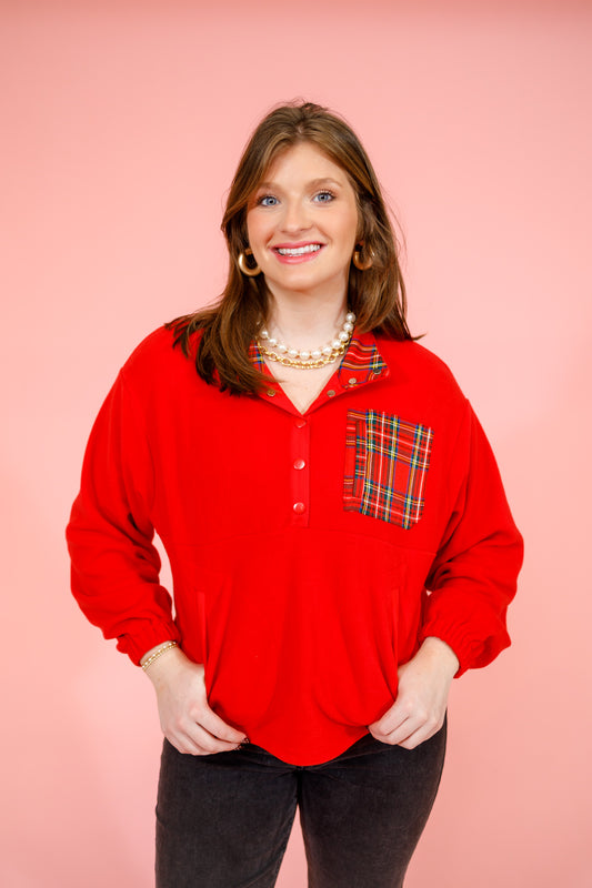 Red Plaid Patch Pullover