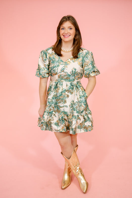 Green and Gold Jaquard Dress