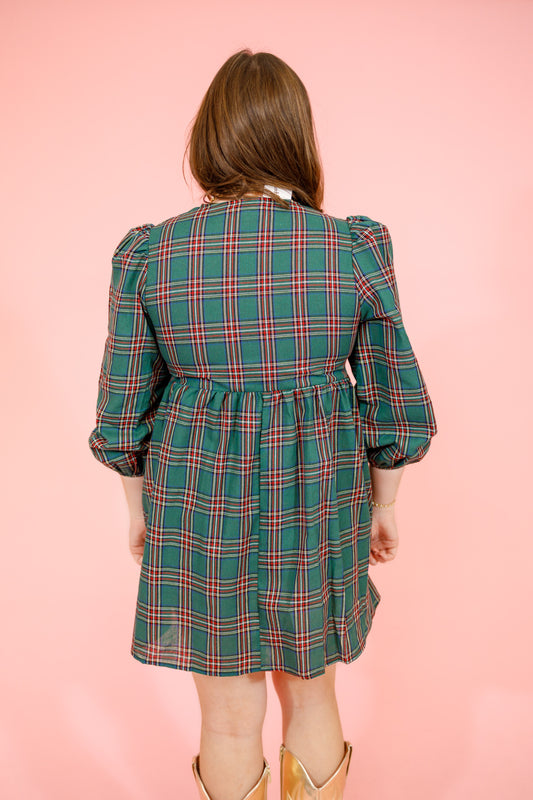Green Plaid Front Bow Dress