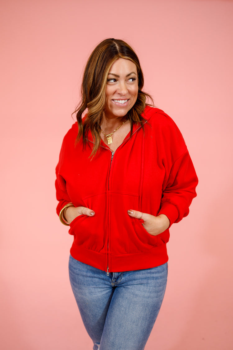 Ruby Red Zip Up Hooded Jacket