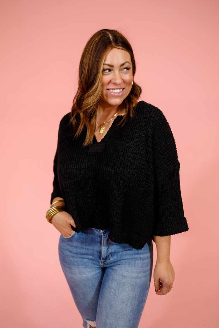Front Slit Folded Sleeve Pullover, BLACK