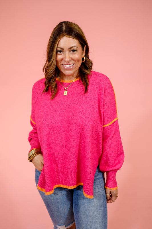 Hot Pink Contrast Side Slit Sweater