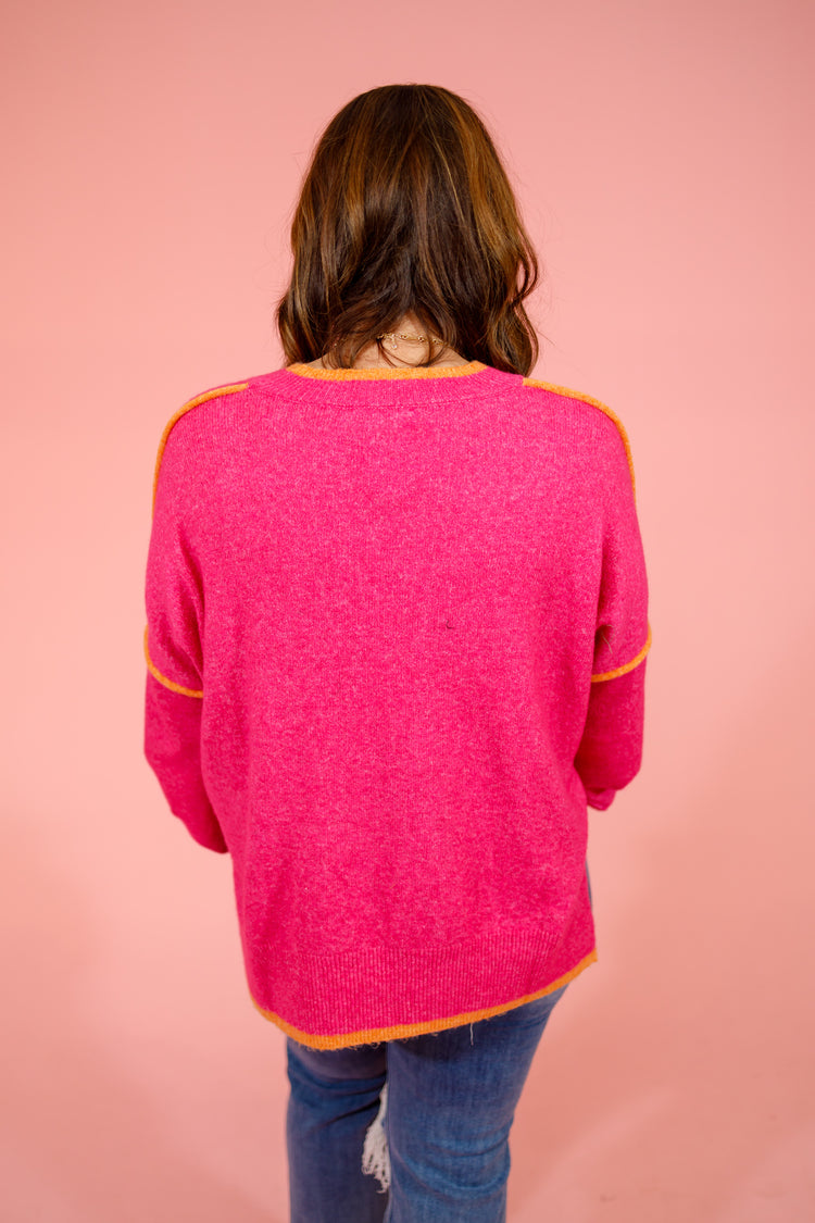 Hot Pink Contrast Side Slit Sweater