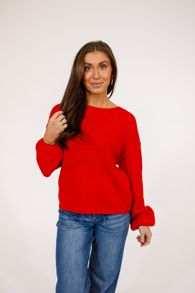 Red Bubble Sleeve Back Bow Sweater