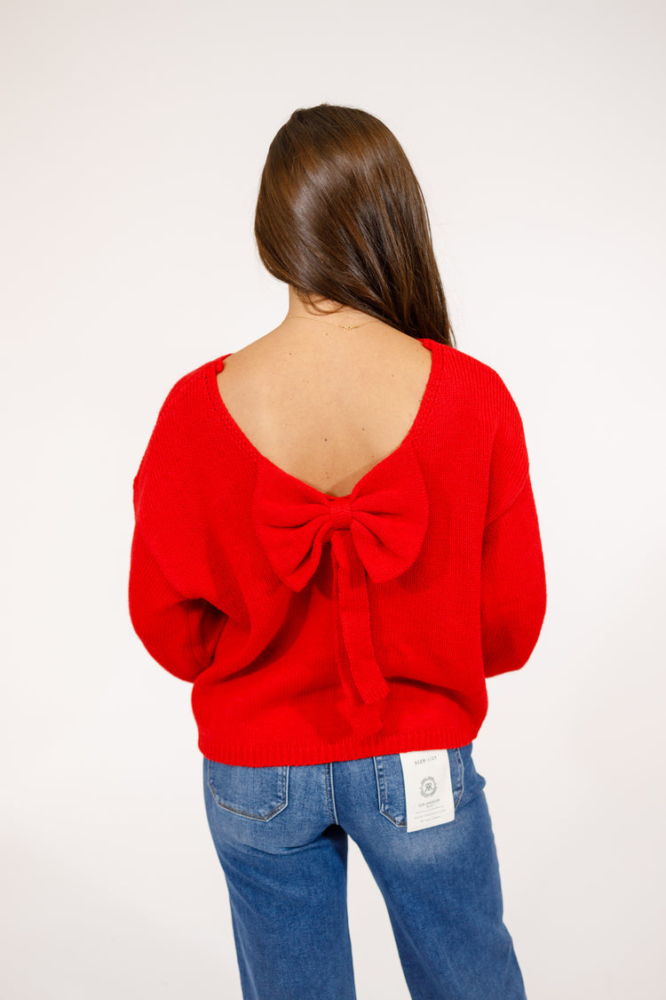 Red Bubble Sleeve Back Bow Sweater