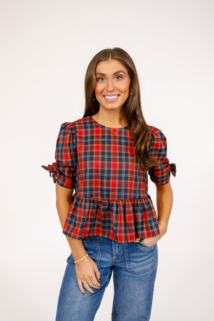 Red Plaid Bow Sleeve Top