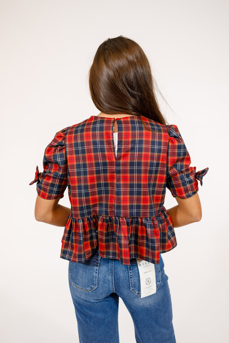 Red Plaid Bow Sleeve Top